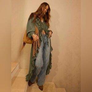 Olive green ruffle longline top